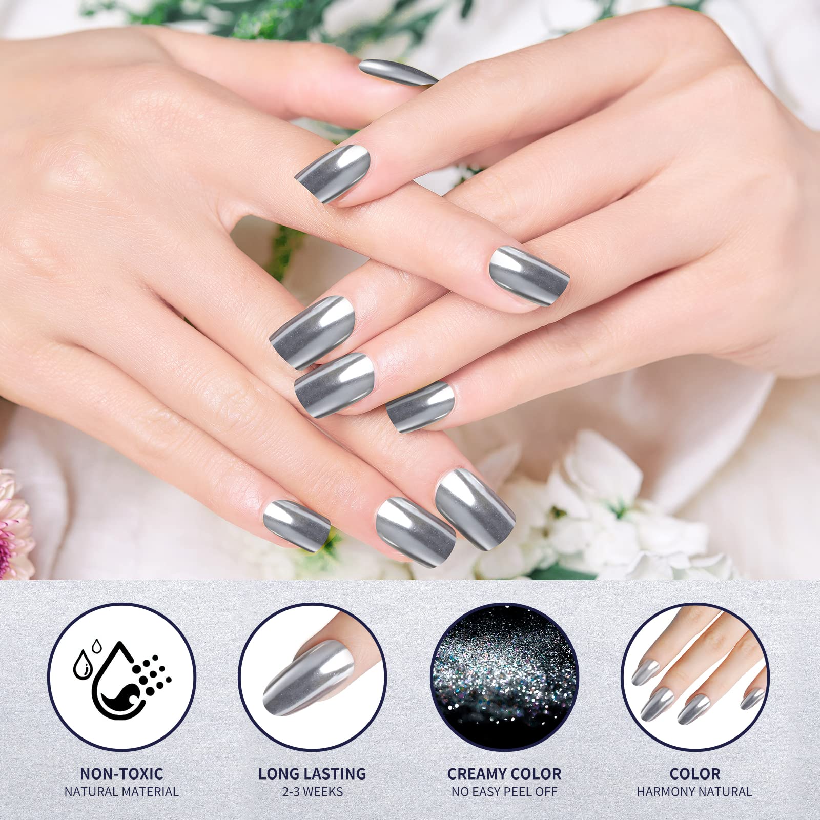 Artdone chrome powder on black background highlights bright mirror effect