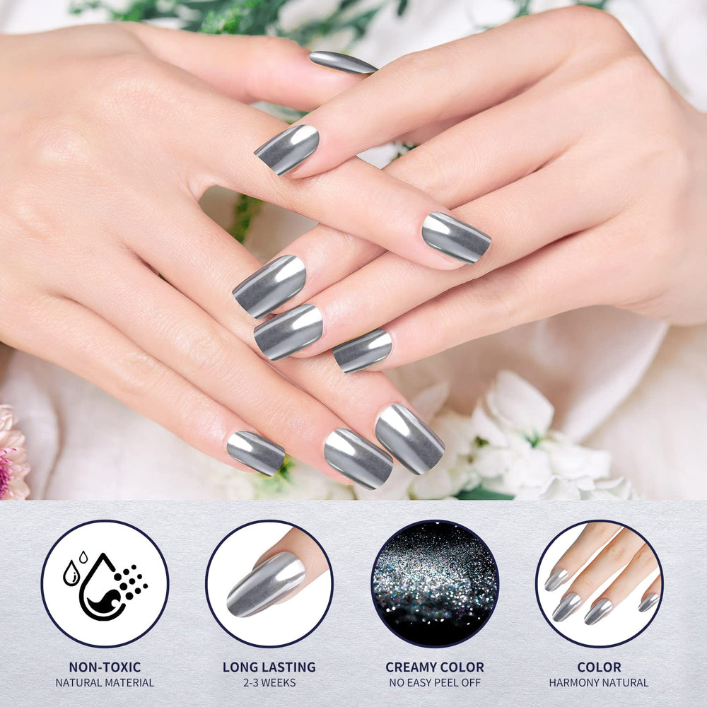 Artdone chrome powder on black background highlights bright mirror effect