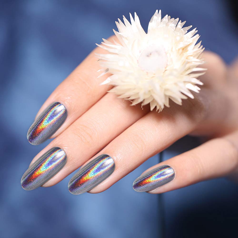 Artdone white chrome aurora powder highlights bright, clean nail accents.