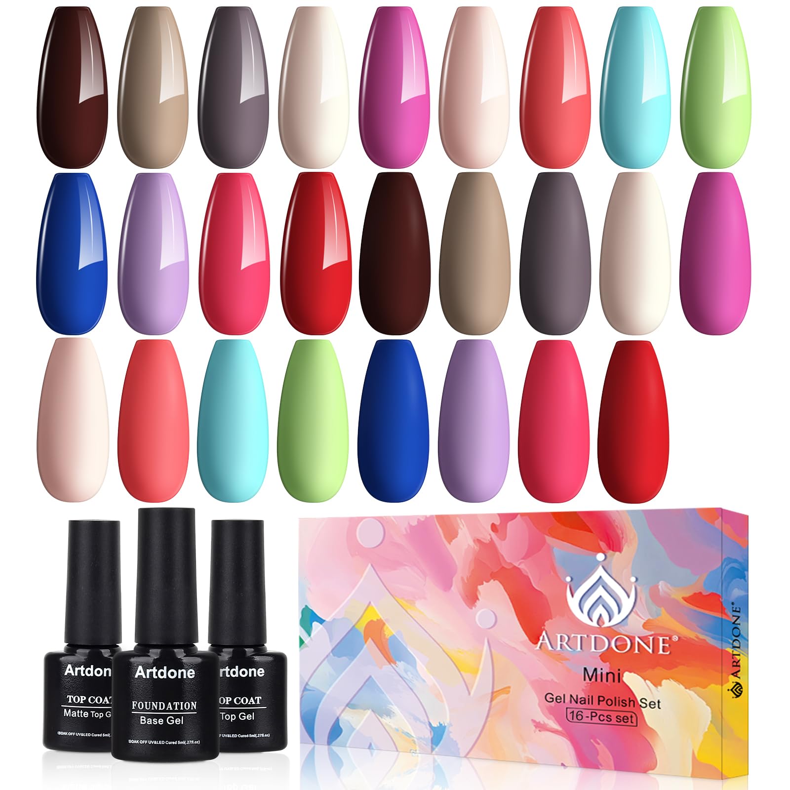 Artdone gel nail polish set display with 16 bottles for versatile looks