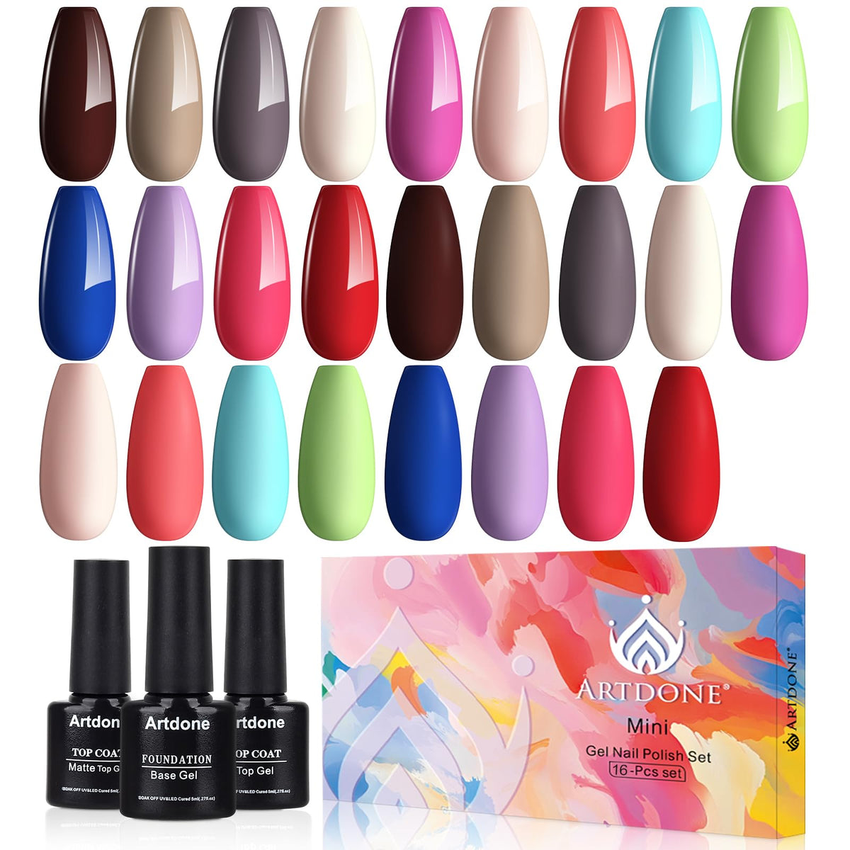 Artdone gel nail polish set display with 16 bottles for versatile looks