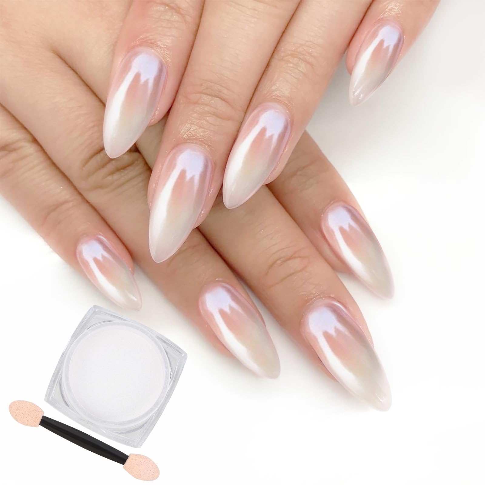 Artdone white pearl chrome powder bottle closeup showing mirror shine.