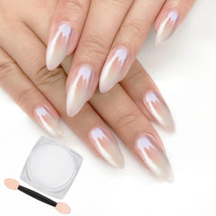 Artdone white pearl chrome powder bottle closeup showing mirror shine.