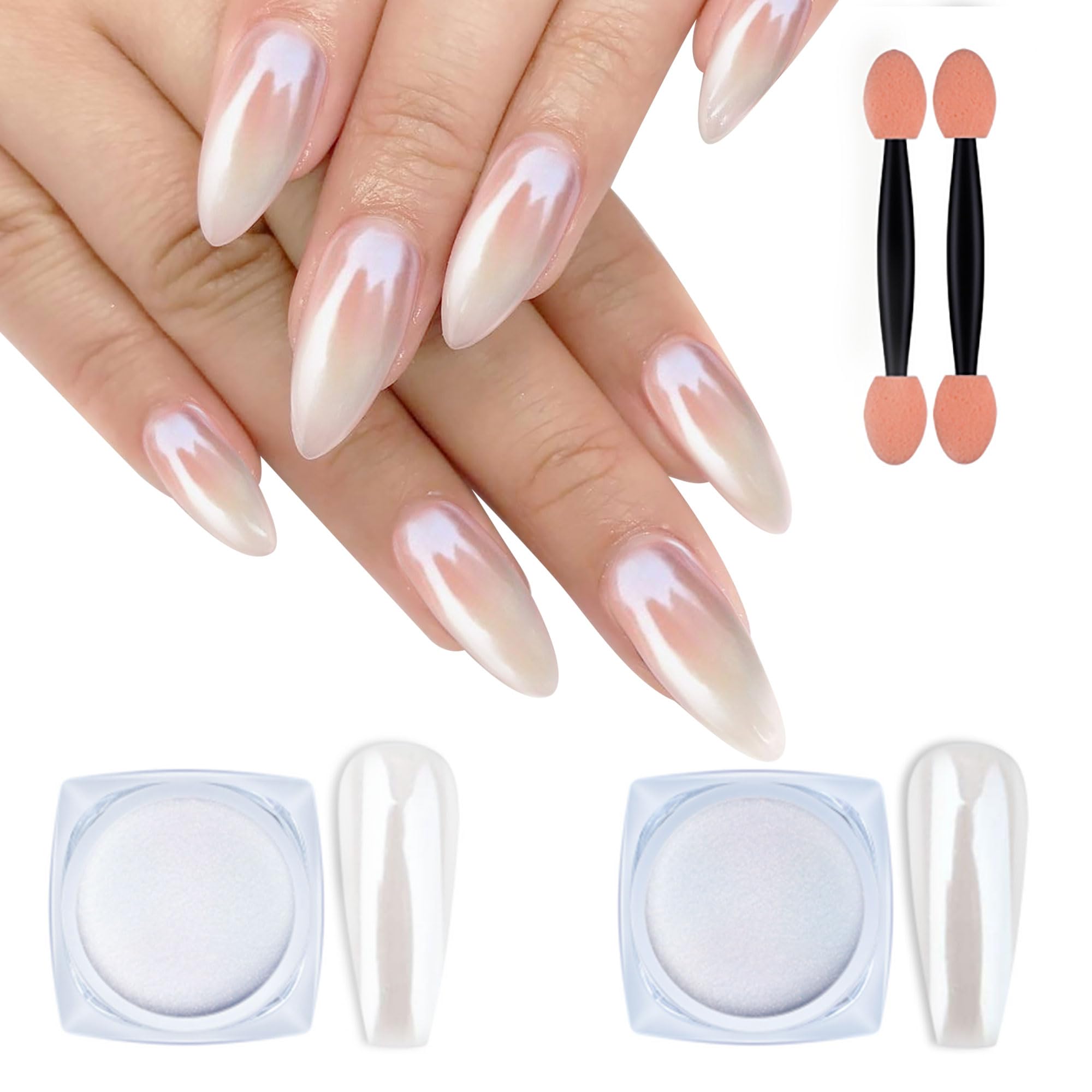Artdone white pearl chrome powder jar close-up showing mirror shine for nails.