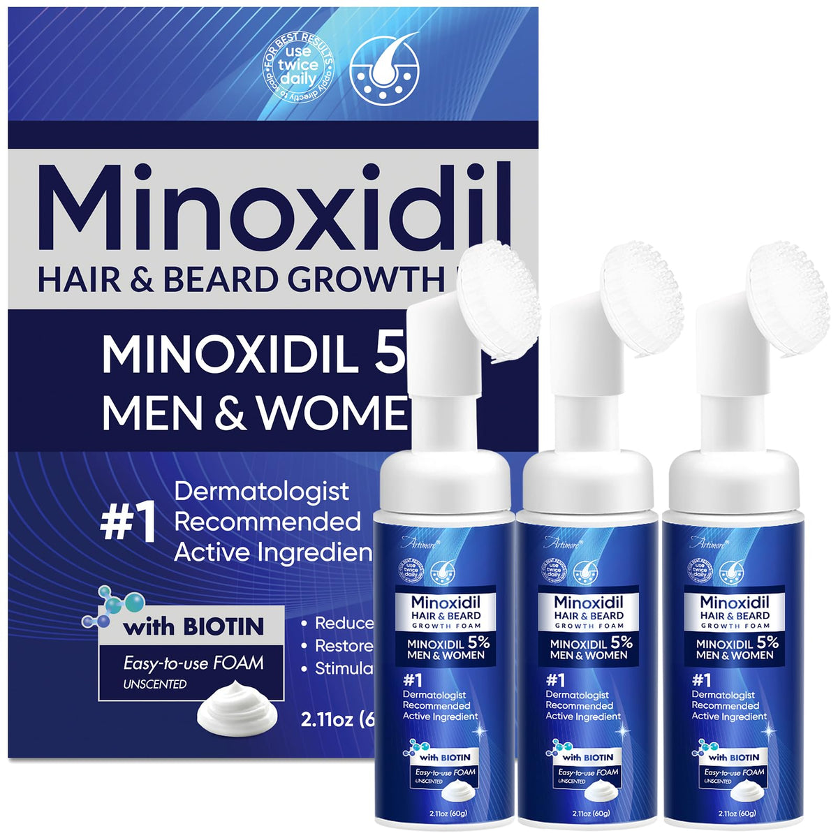 Artimore 5% Minoxidil Foam bottle ready for daily application to support hair growth.