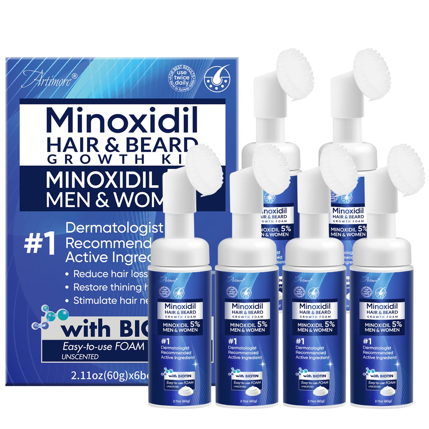 Artimore five percent minoxidil foam bottle ready for use on thinning areas