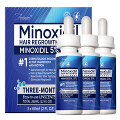 Artimore Minoxidil 5% bouteille goutte avec application ciblée sur cuir chevelu, bénéfice potentiel
