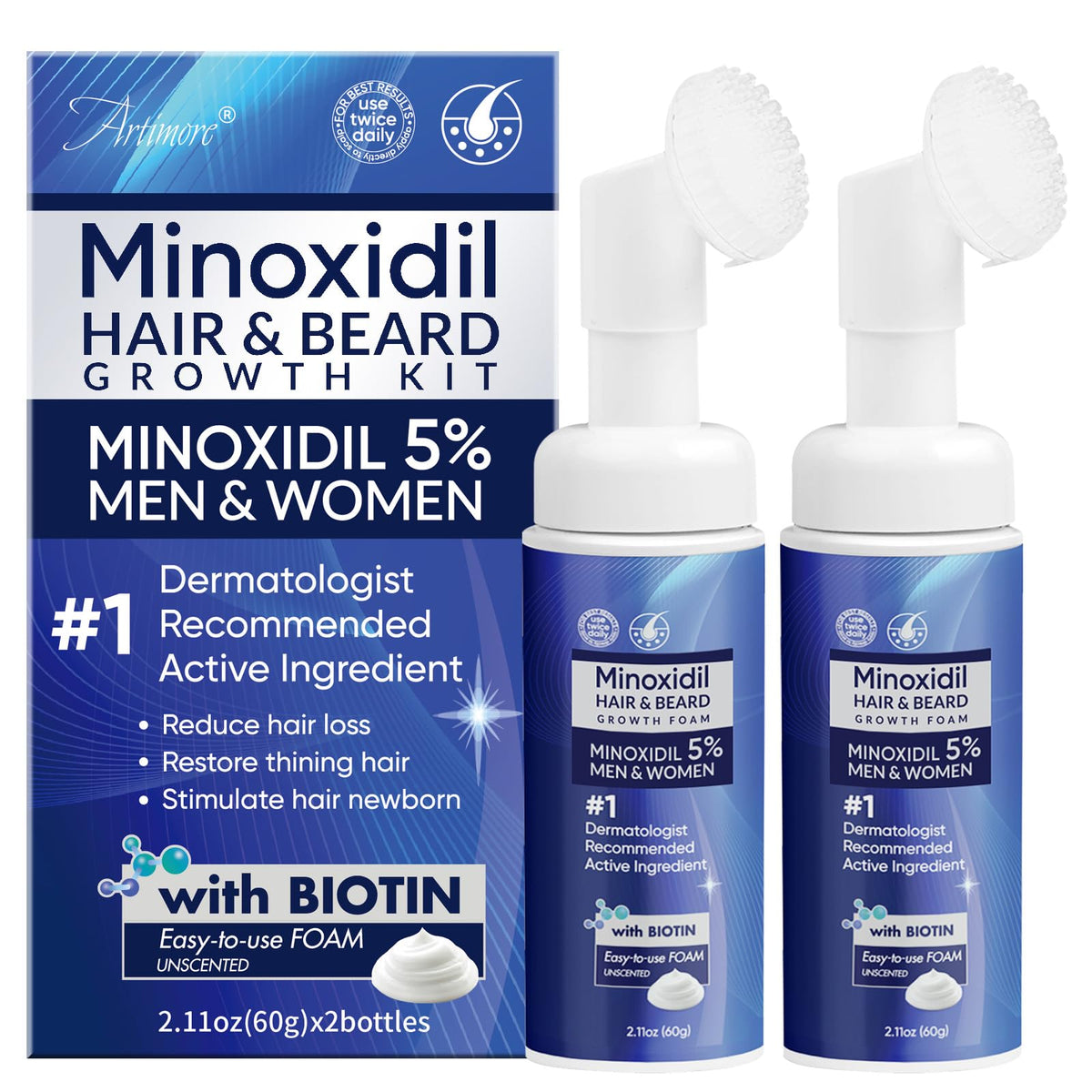 Artimore Minoxidil Foam bottle for easy daily application supporting hair regrowth.