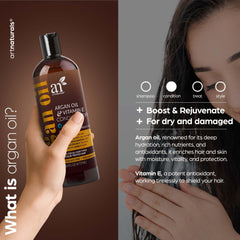 Ingredients panel highlighting argan oil, biotin, and caffeine.