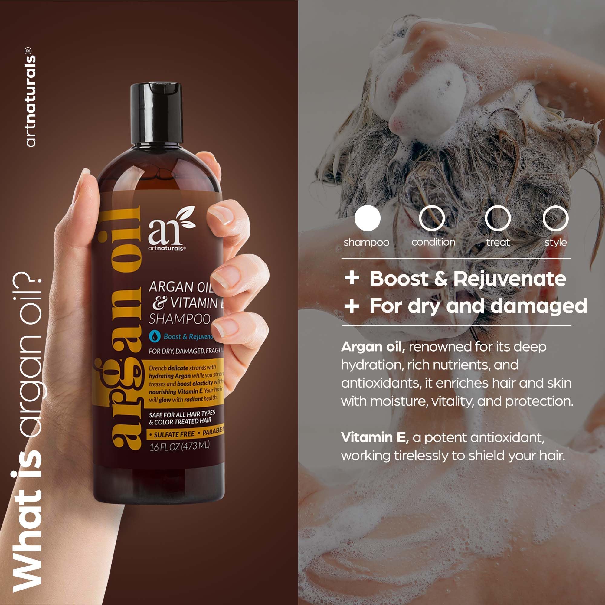 Artnaturals Argan Hair Growth Shampoo ingredients close-up shows argan oil and botanical extracts.