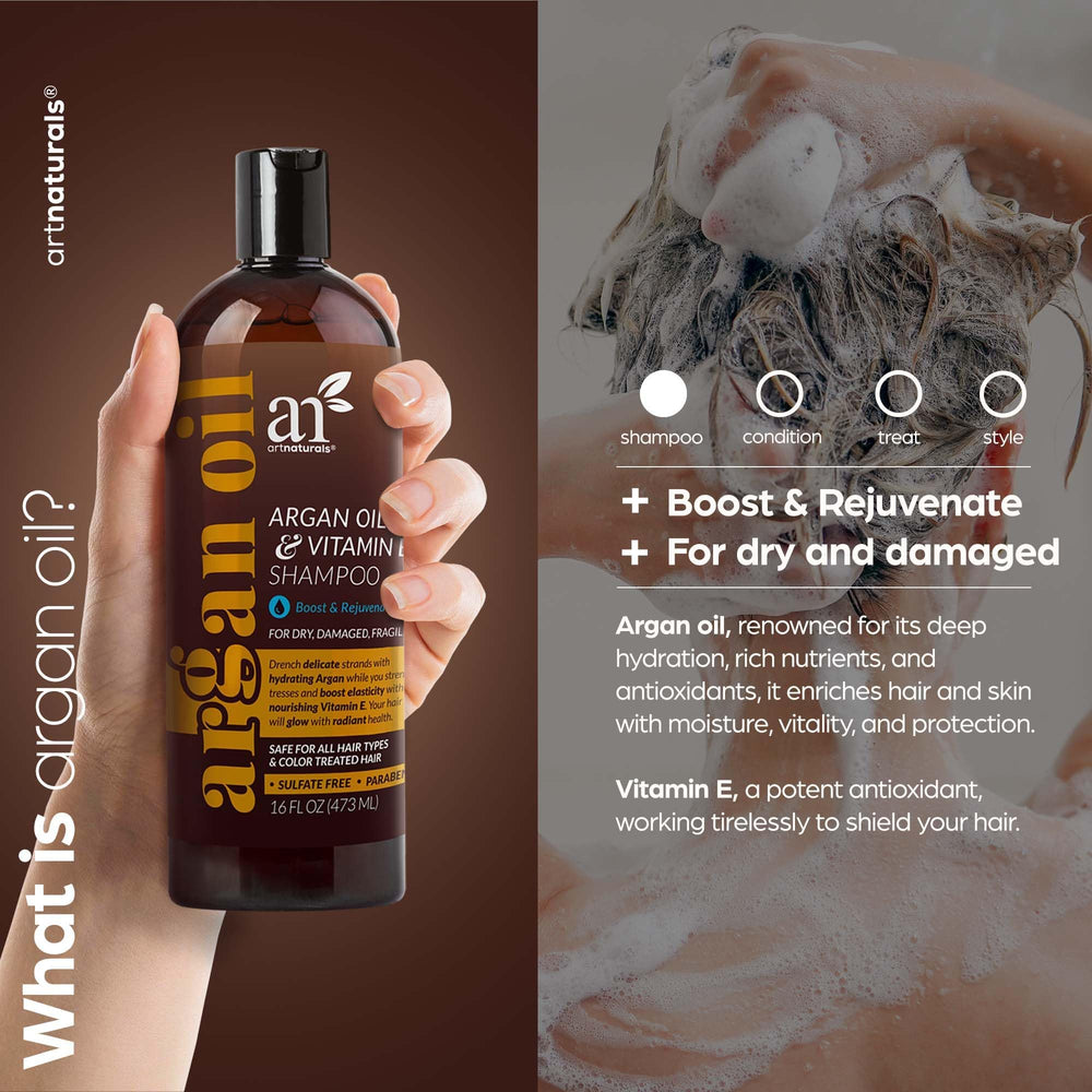 Artnaturals Argan Hair Growth Shampoo ingredients close-up shows argan oil and botanical extracts.
