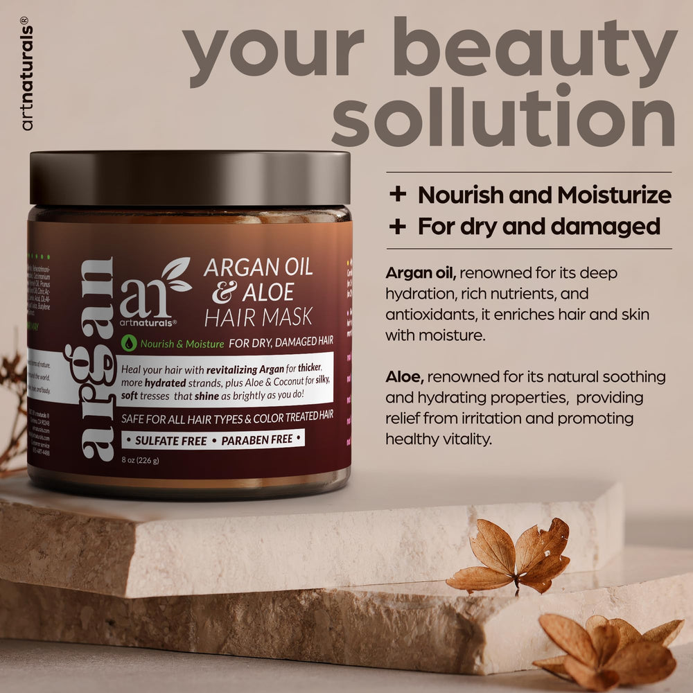 Artnaturals Argan Hair Mask ingredients close-up with jojoba oil and aloe vera.