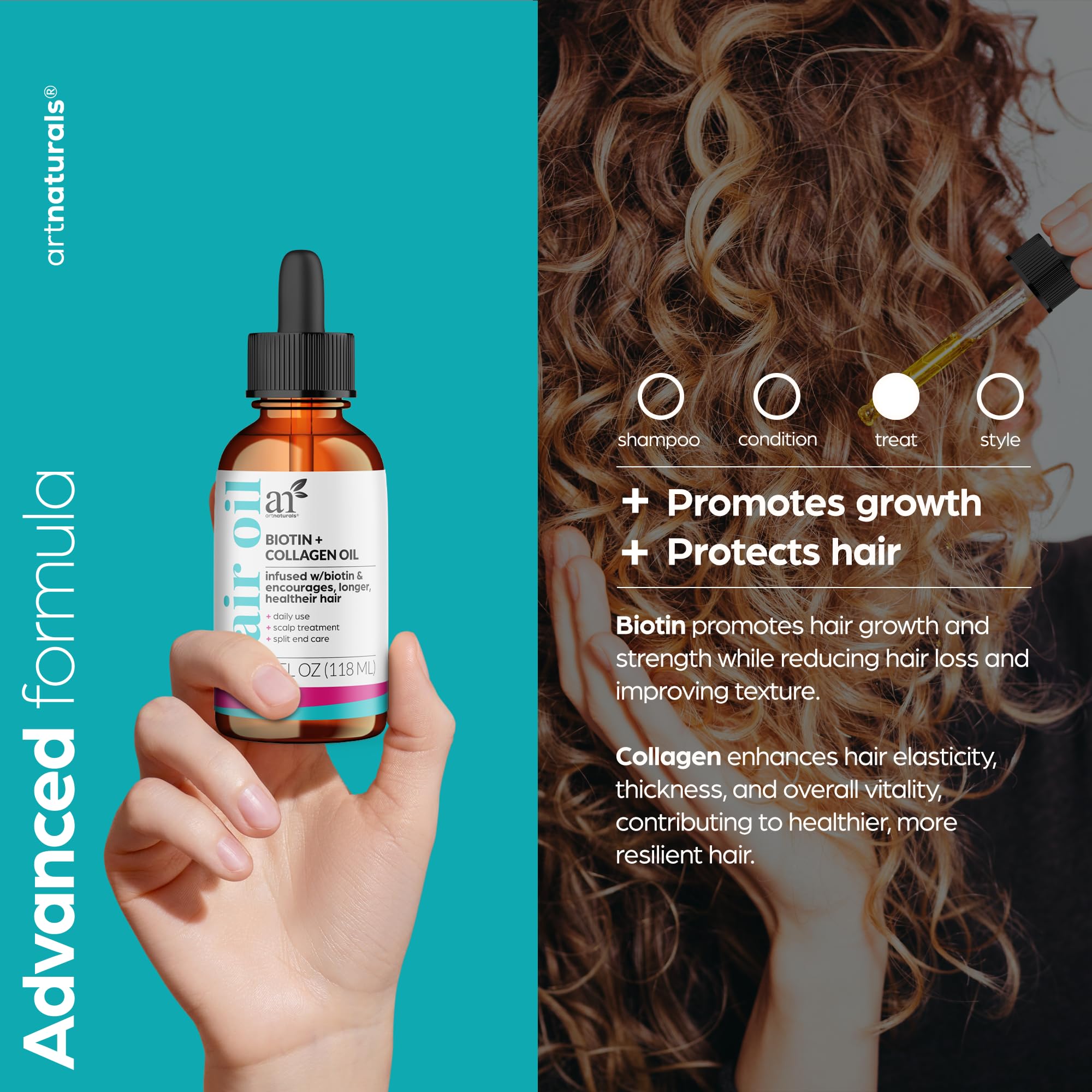 Artnaturals Biotin Collagen Hair Oil volume: thicker appearance and frizz reduction.
