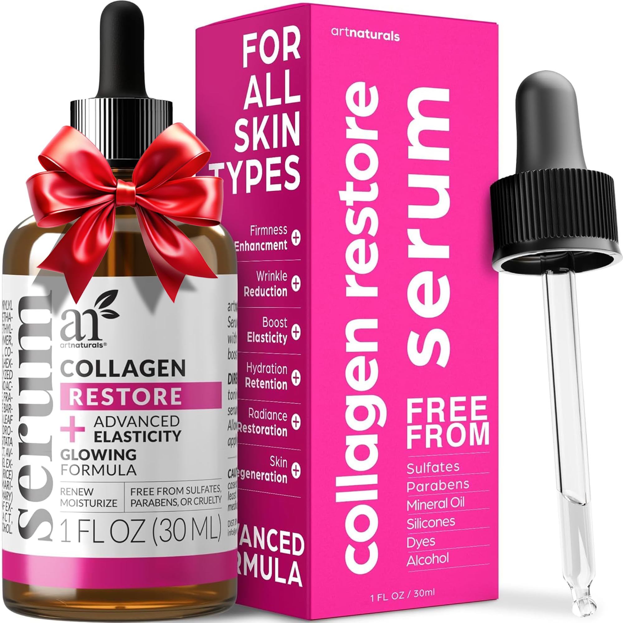 Artnaturals Collagen Booster Serum bottle close-up shows hydrating skincare benefits.
