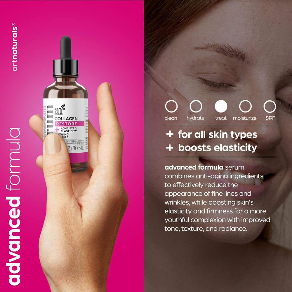 Artnaturals Collagen Booster Serum packaging highlights vegan formula and clean ingredients.