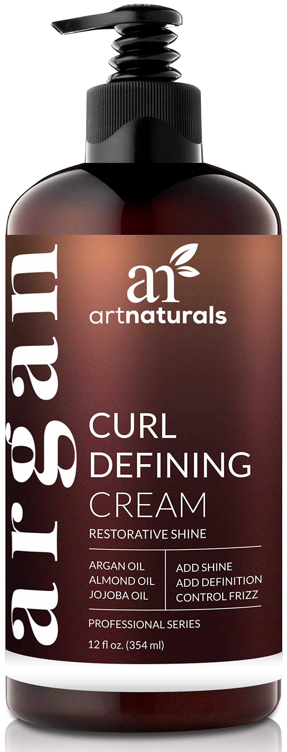 Artnaturals Curl Defining Cream bottle closeup showing frizz control and defined curls.