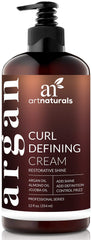 Artnaturals Curl Defining Cream bottle closeup showing frizz control and defined curls.