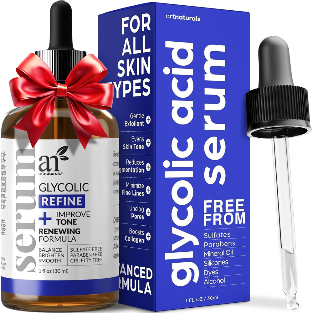 Artnaturals glycolic serum bottle demonstrates gentle exfoliation for radiant skin.