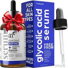 Artnaturals glycolic serum bottle demonstrates gentle exfoliation for radiant skin.
