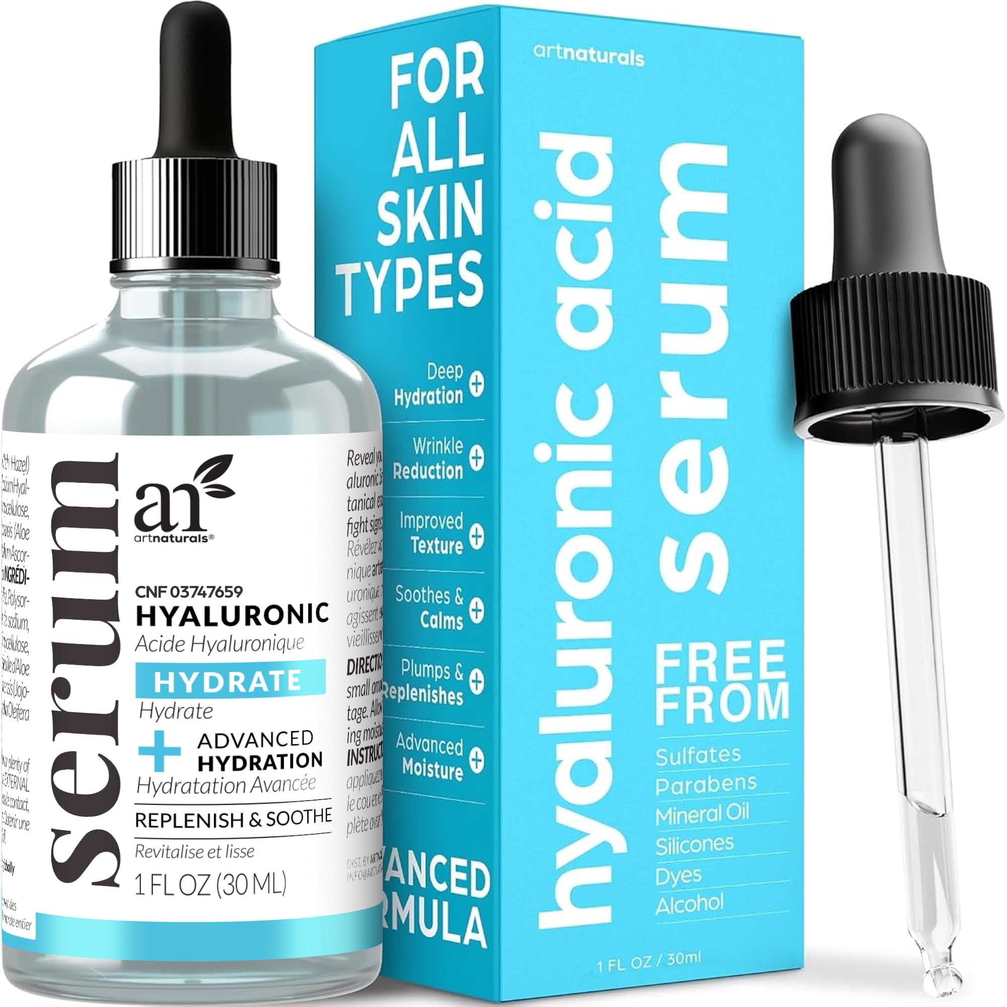 ArtNaturals Hyaluronic Acid Serum bottle on a vanity for deep hydration.