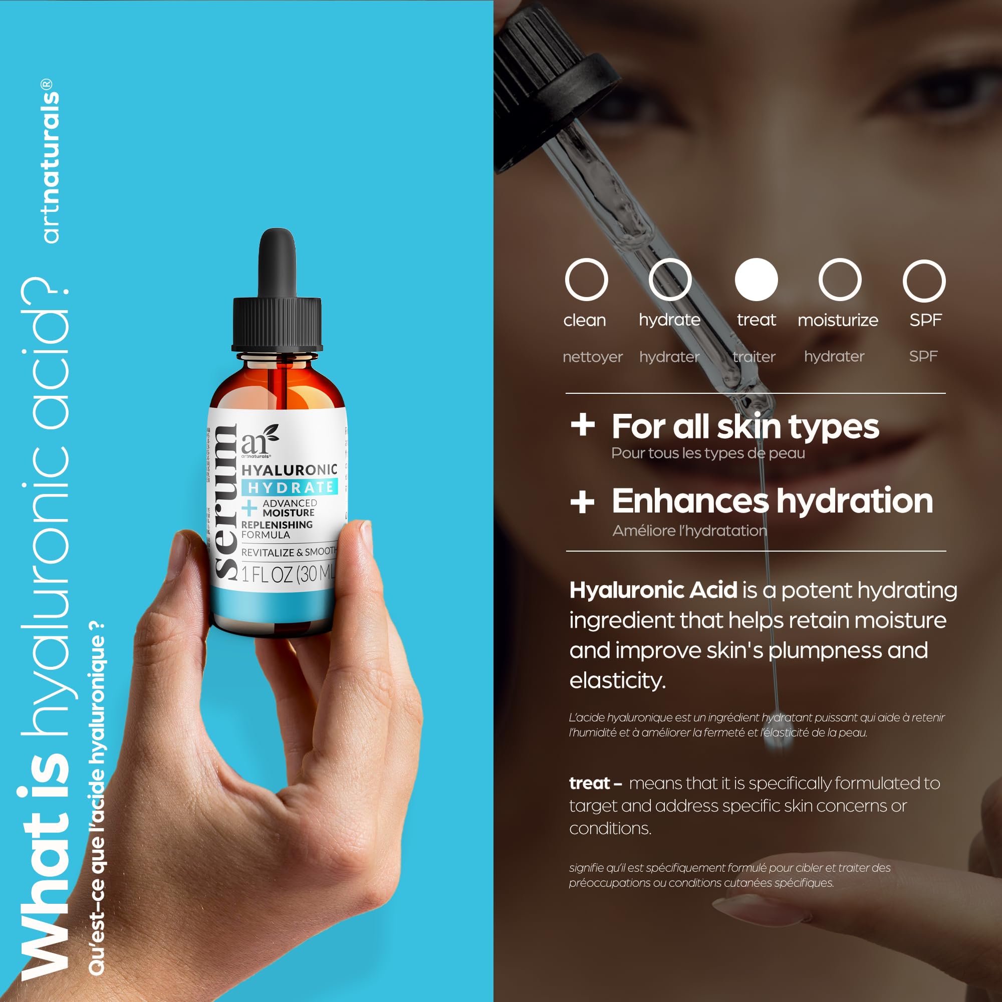 ArtNaturals Hyaluronic Acid Serum bottle with minimalist design signals premium quality.