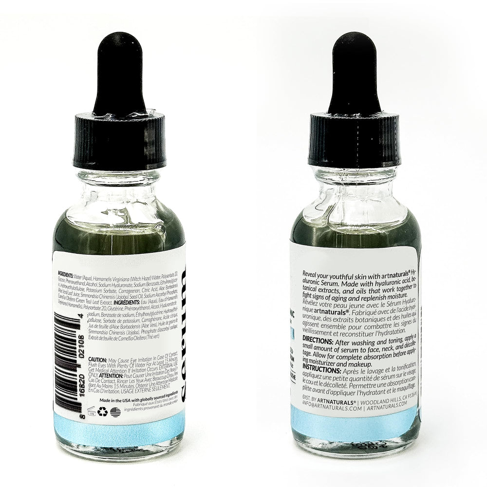 ArtNaturals Hyaluronic Acid Serum dropper close-up for precise application and even coverage.
