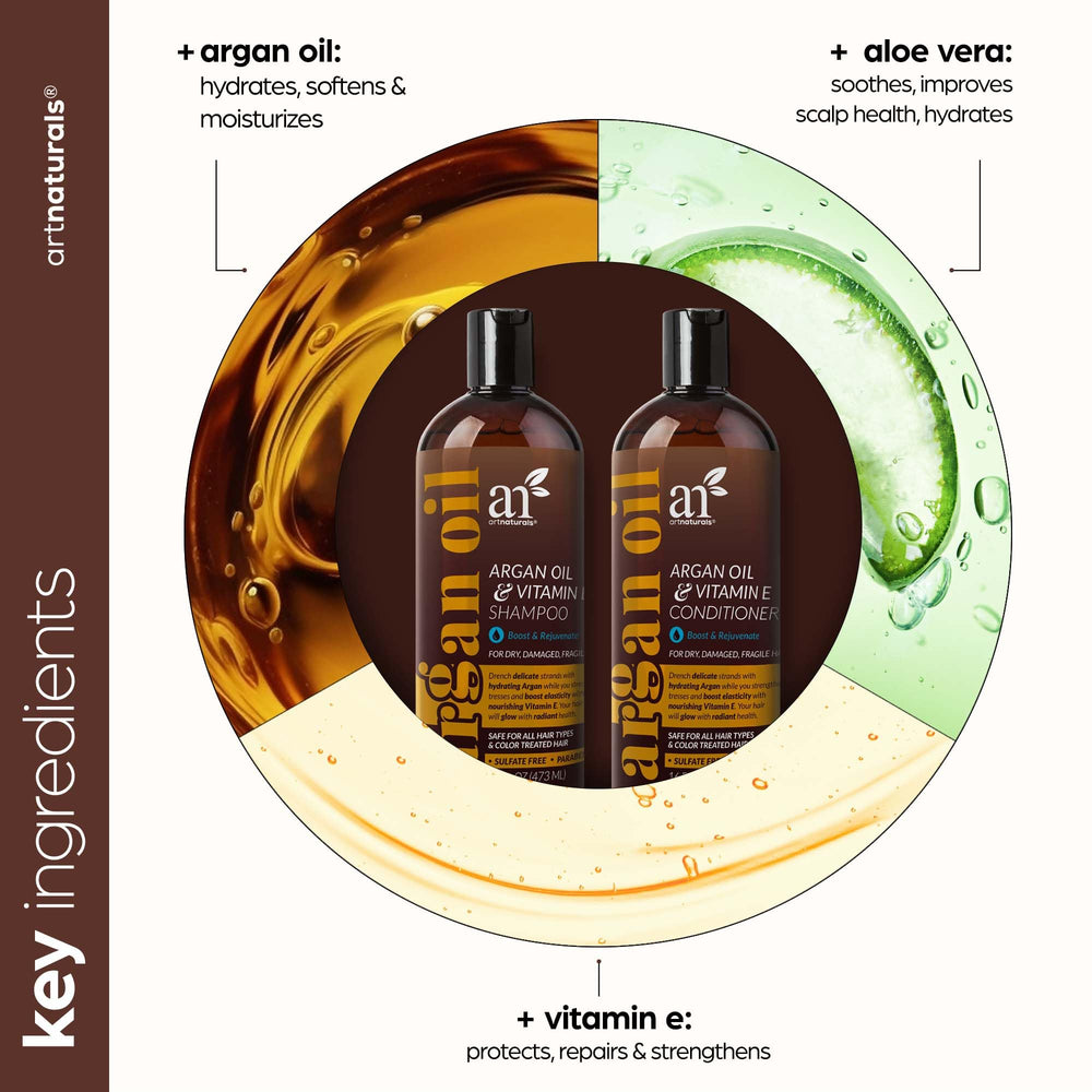 ArtNaturals ingredients close-up with argan, aloe, rosemary for healthy hair.