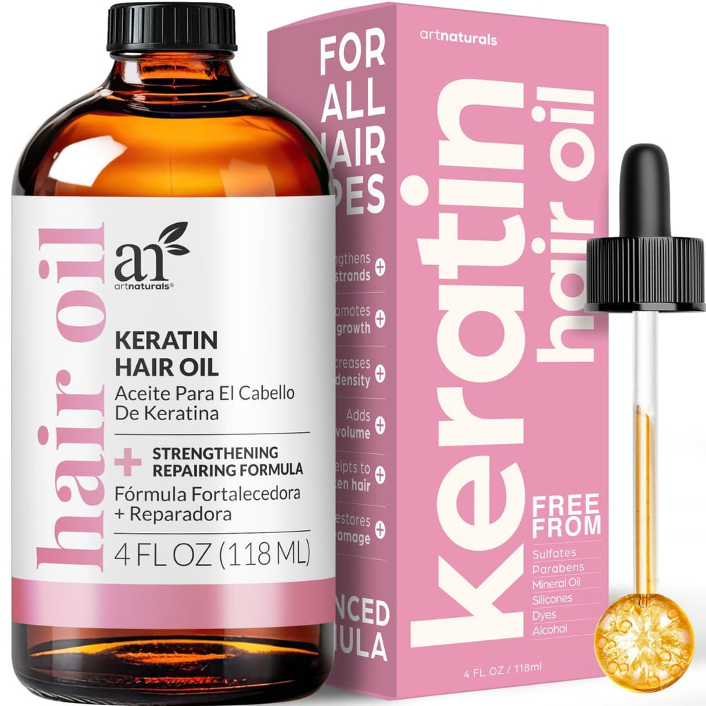 ArtNaturals Keratin Hair Oil bottle: easy application for smoother hair.