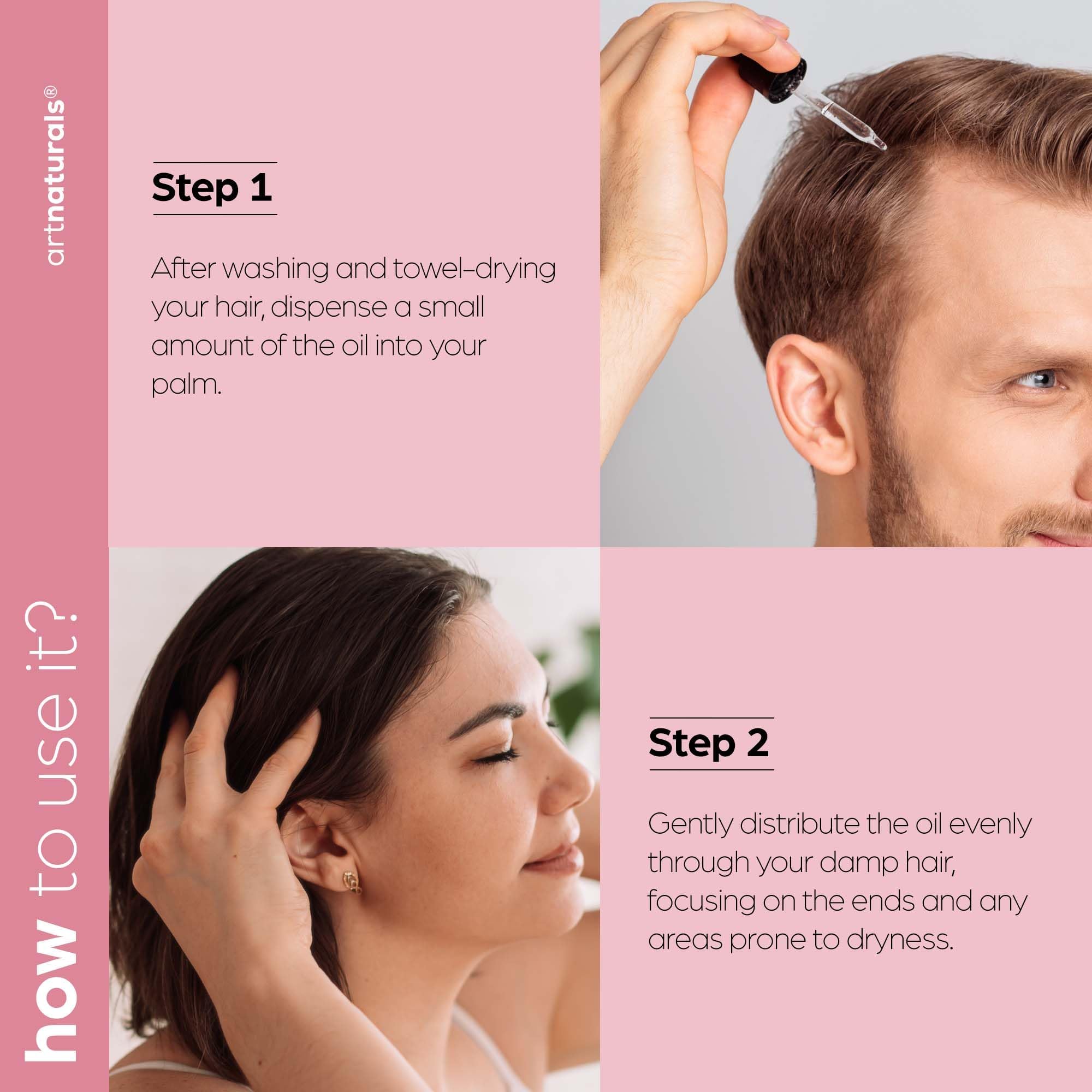 ArtNaturals Keratin Hair Oil frizz-control action visible on flyaways.