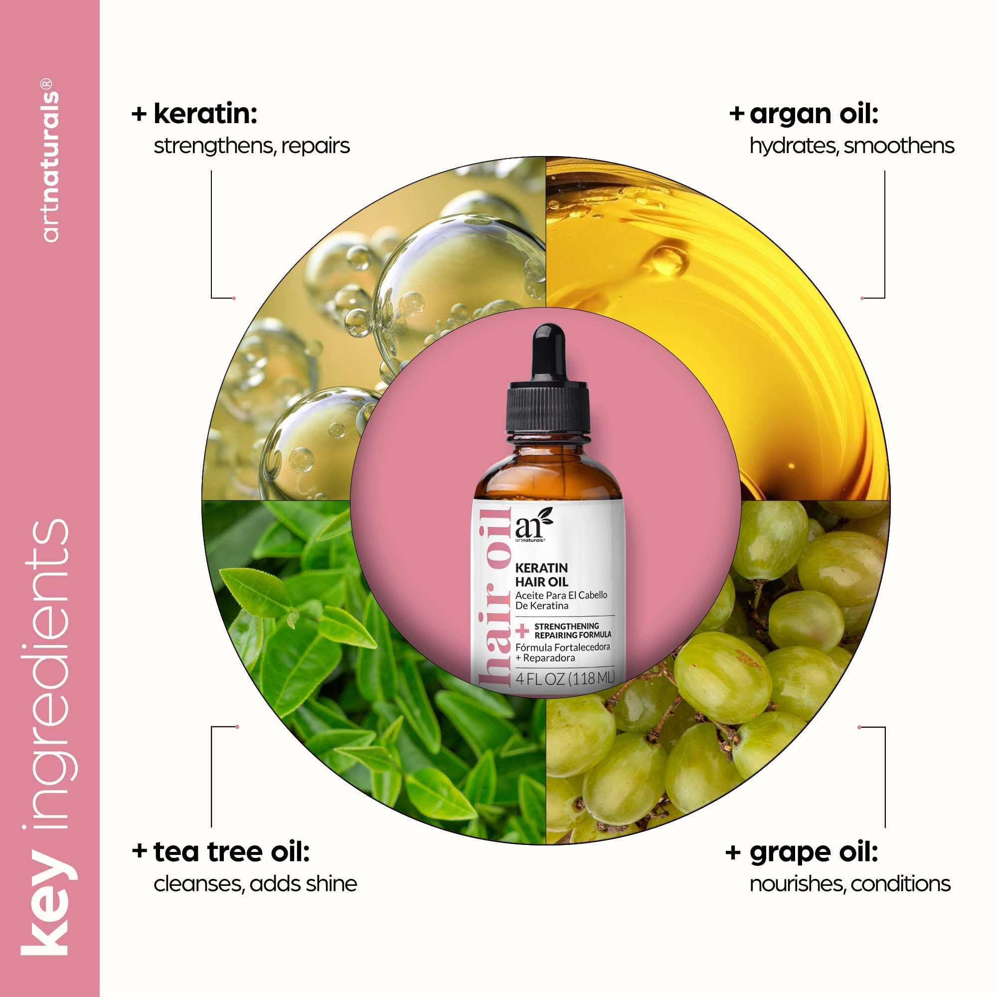 ArtNaturals Keratin Hair Oil bottle glows with enhanced shine.