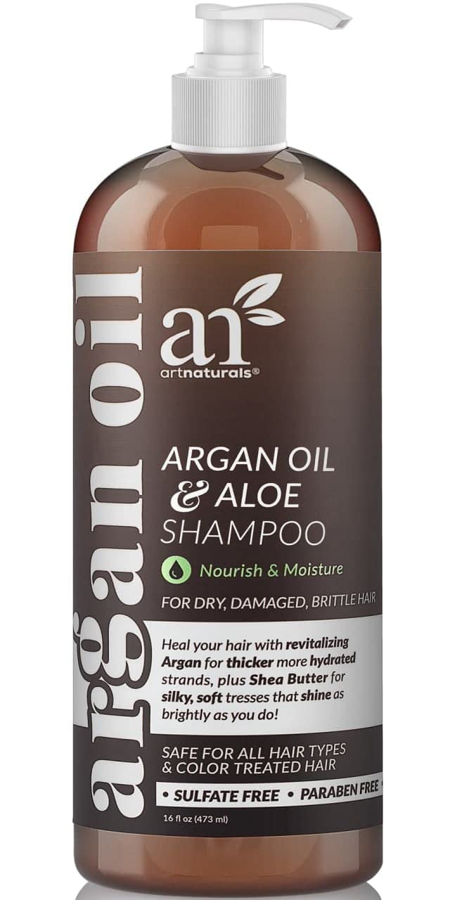 Artnaturals Moroccan Argan Oil Shampoo bottle closeup shows deep moisture for all hair types