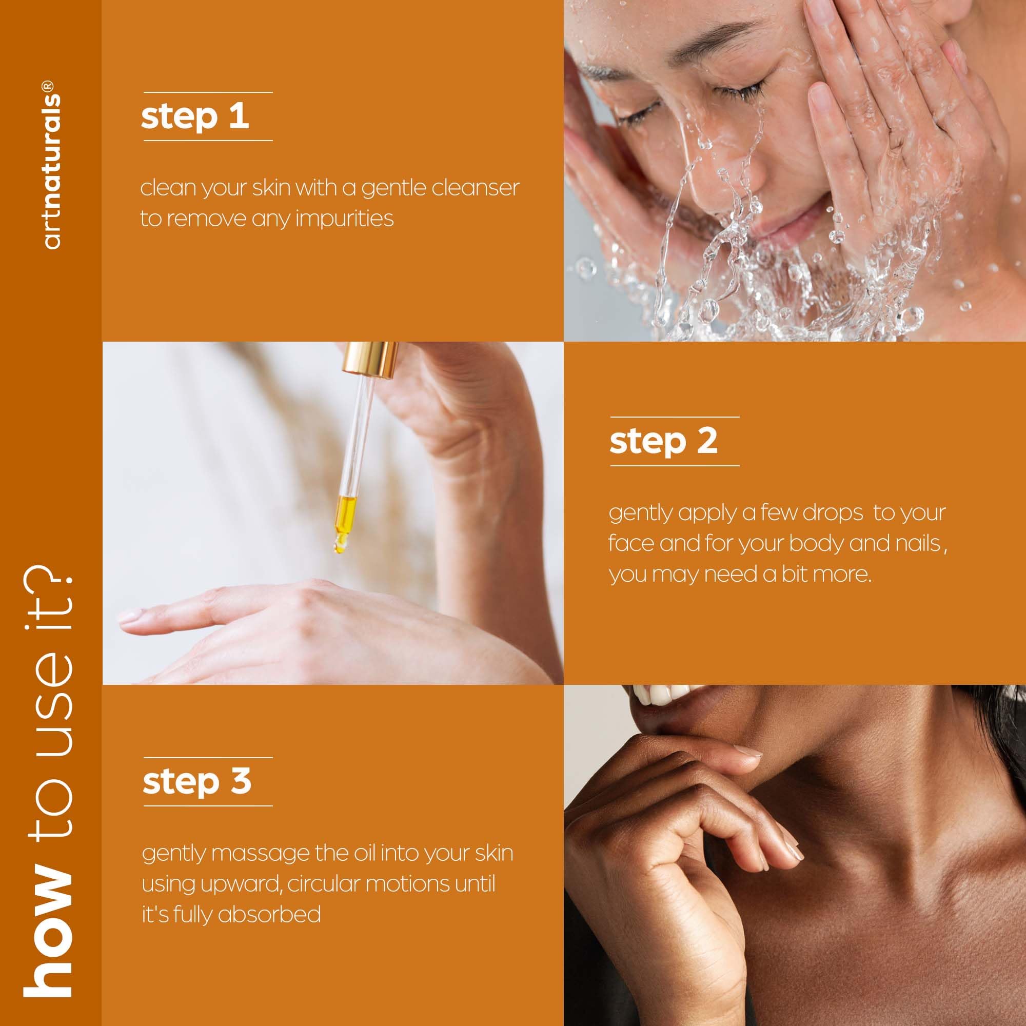 Applying Artnaturals oil to hand for quick absorption