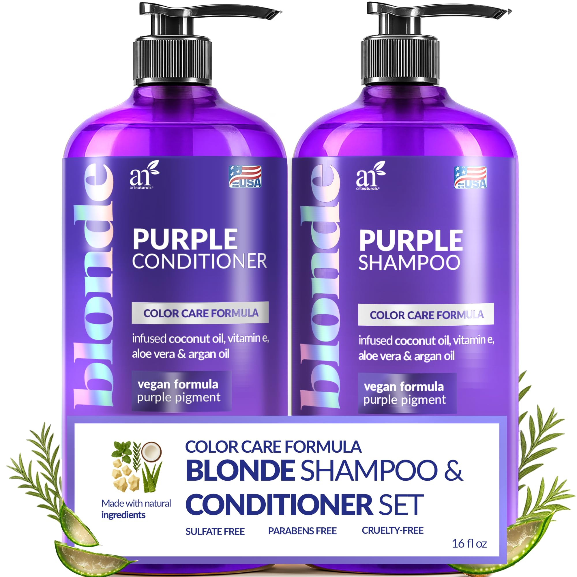 Artnaturals Purple Shampoo bottle front view boosts color longevity for bleached hair.