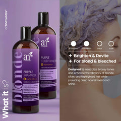 Artnaturals Purple Shampoo bottle pour shows violet formula for toning yellowing hair.