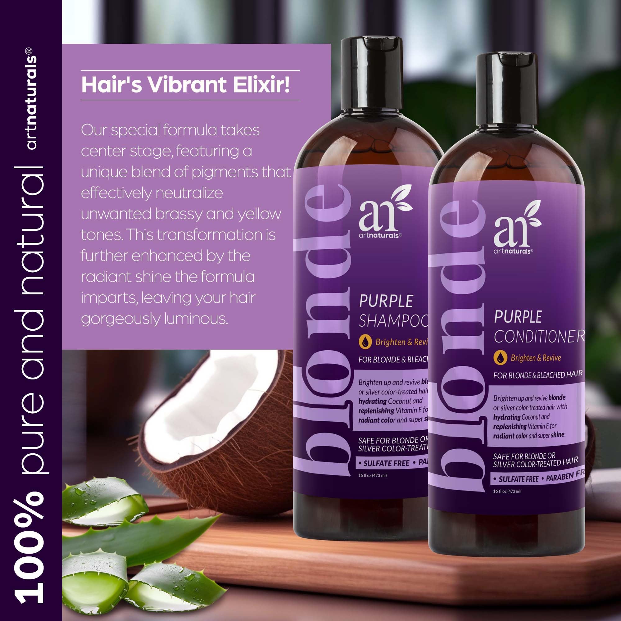 Artnaturals Purple Shampoo and Conditioner set packaging emphasizes sulfate-free formula.