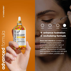 Close-up of the dropper releasing rose oil for nourishment