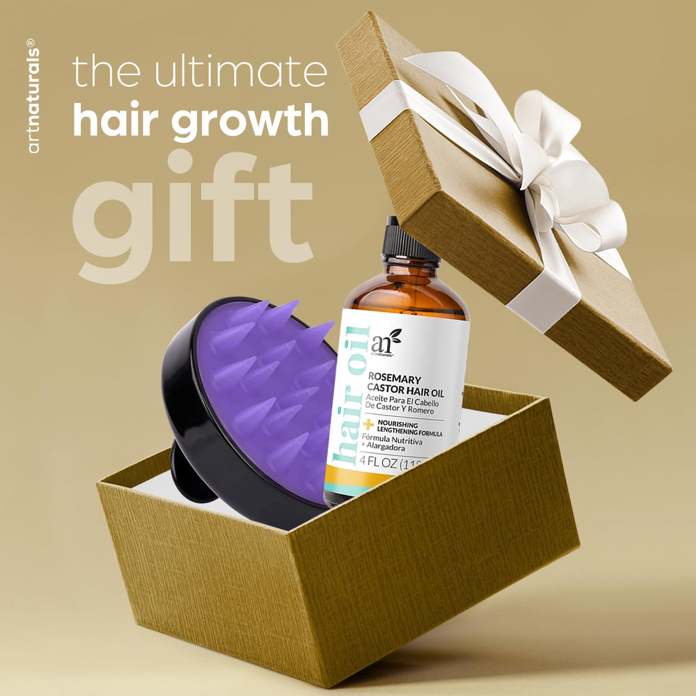 ArtNaturals rosemary castor oil set arranged with accessories.