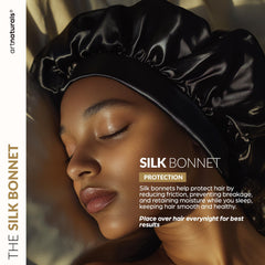 Artnaturals silk satin bonnet worn at night to reduce frizz and breakage.