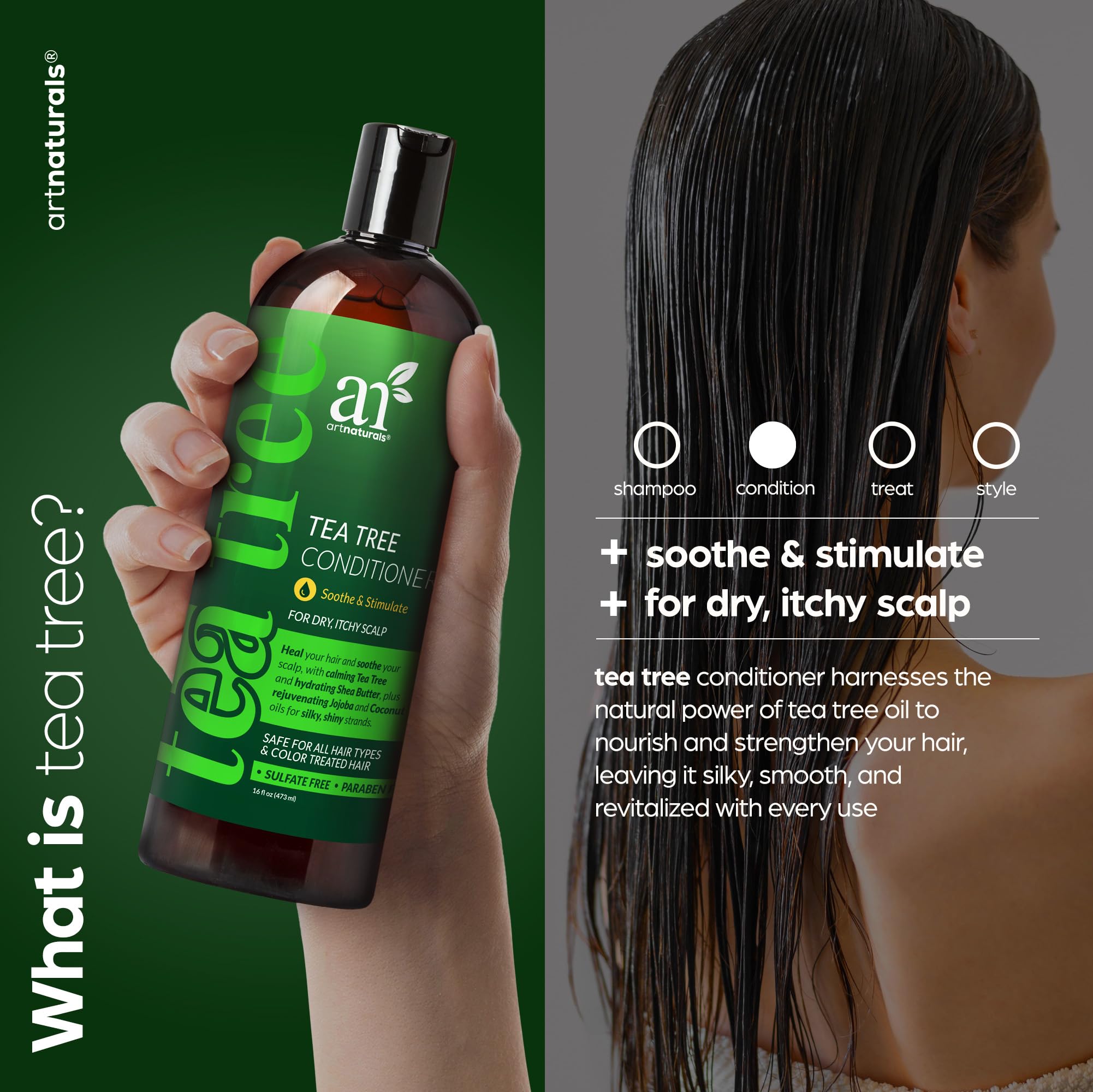 ArtNaturals Tea Tree Conditioner ingredients highlight borage oil and watercress for scalp moisture.
