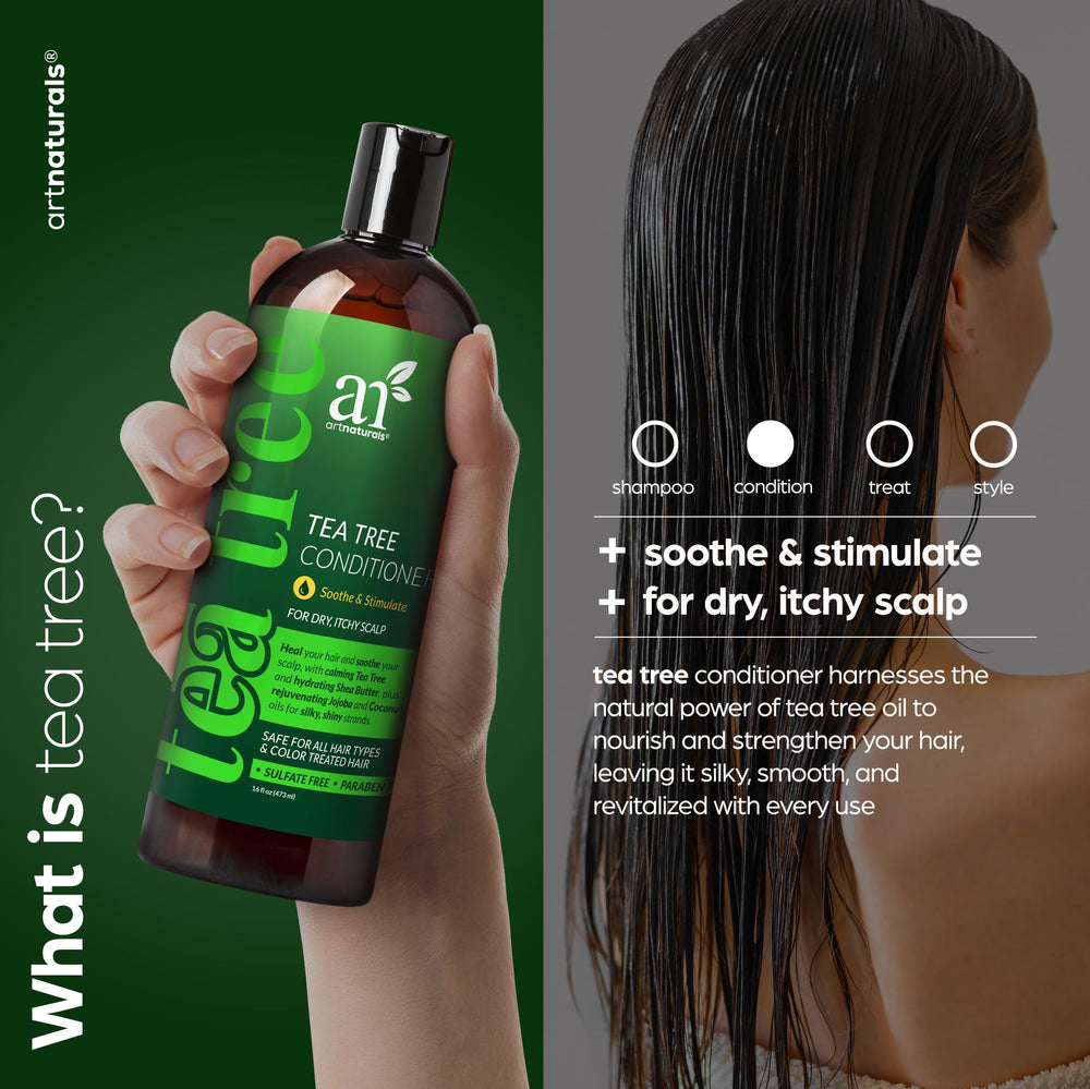 ArtNaturals Tea Tree Conditioner ingredients highlight borage oil and watercress for scalp moisture.