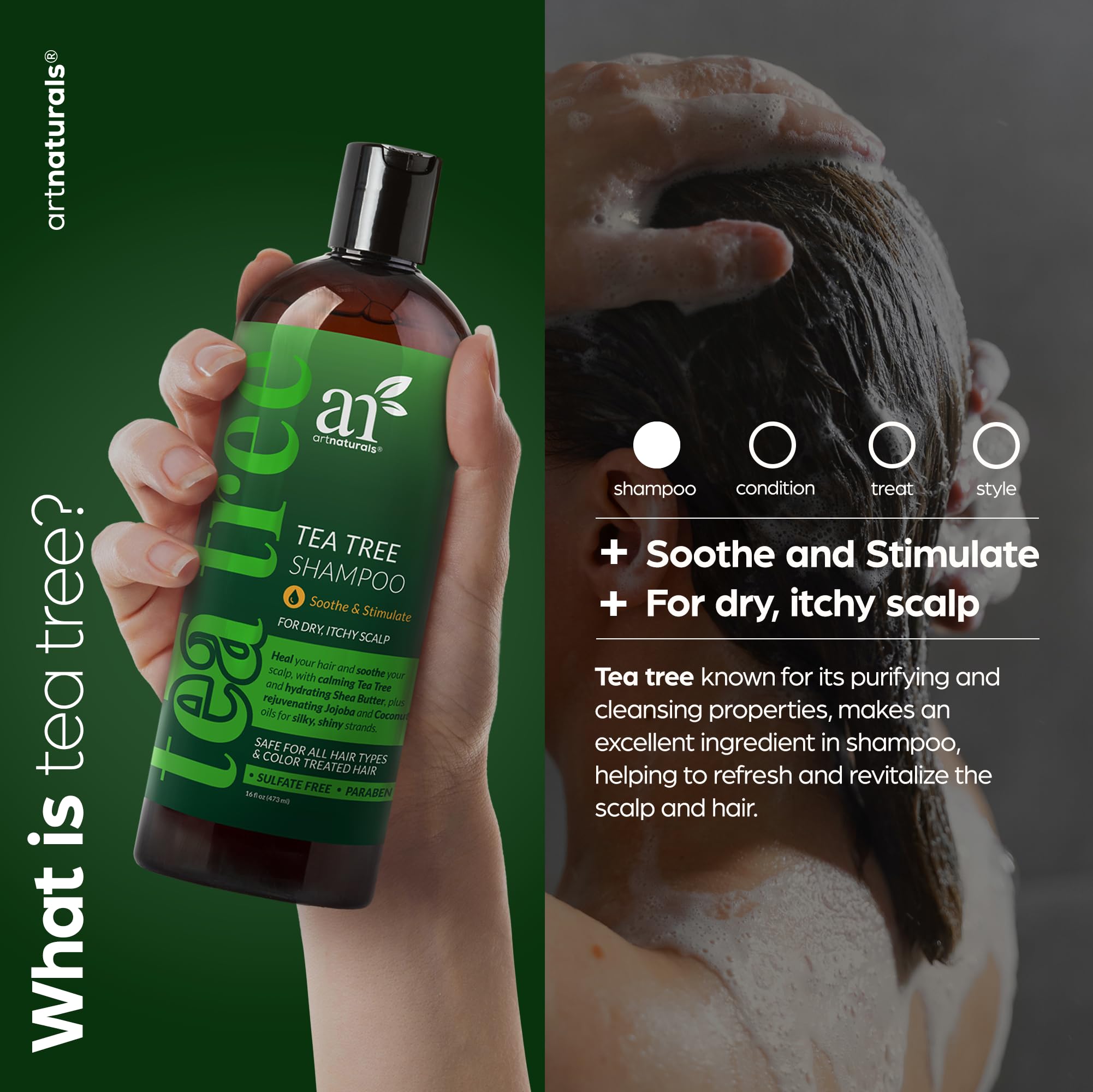 Artnaturals Tea Tree Shampoo back label showing ingredients and gentle cleansing benefits
