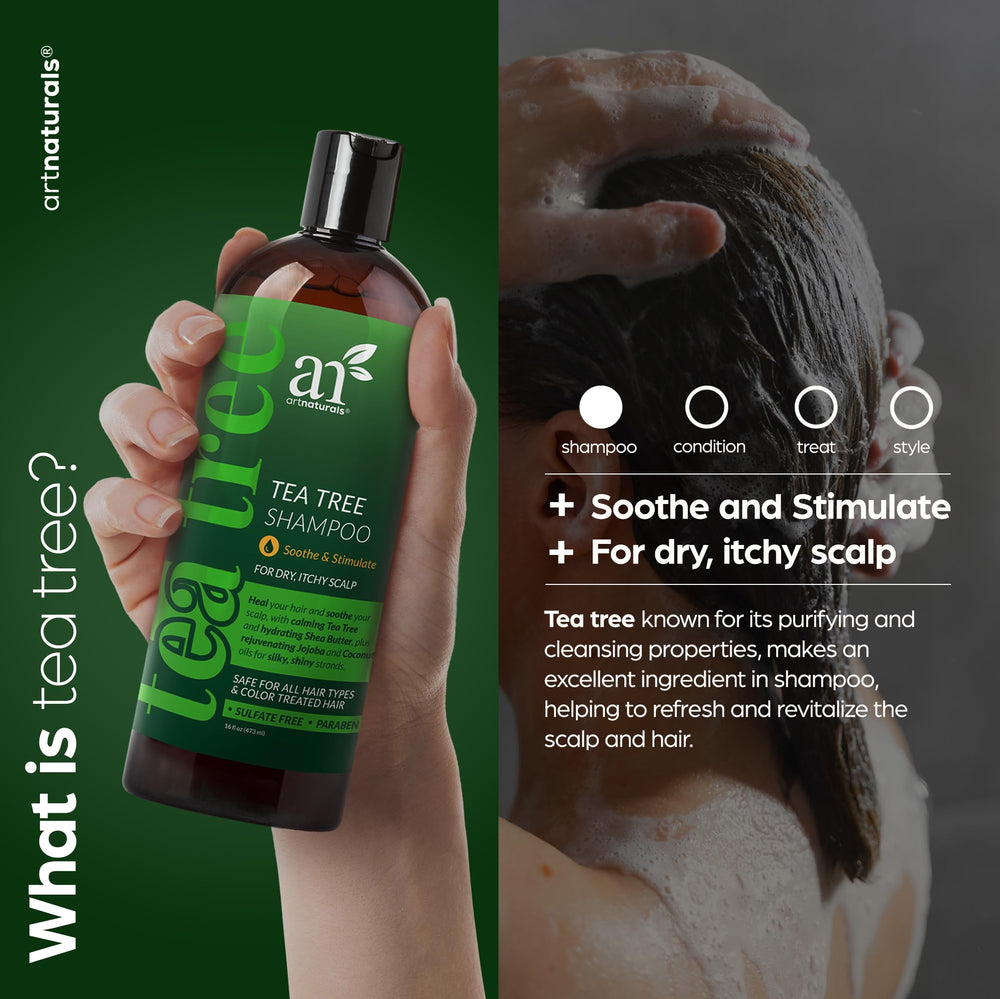 Artnaturals Tea Tree Shampoo back label showing ingredients and gentle cleansing benefits