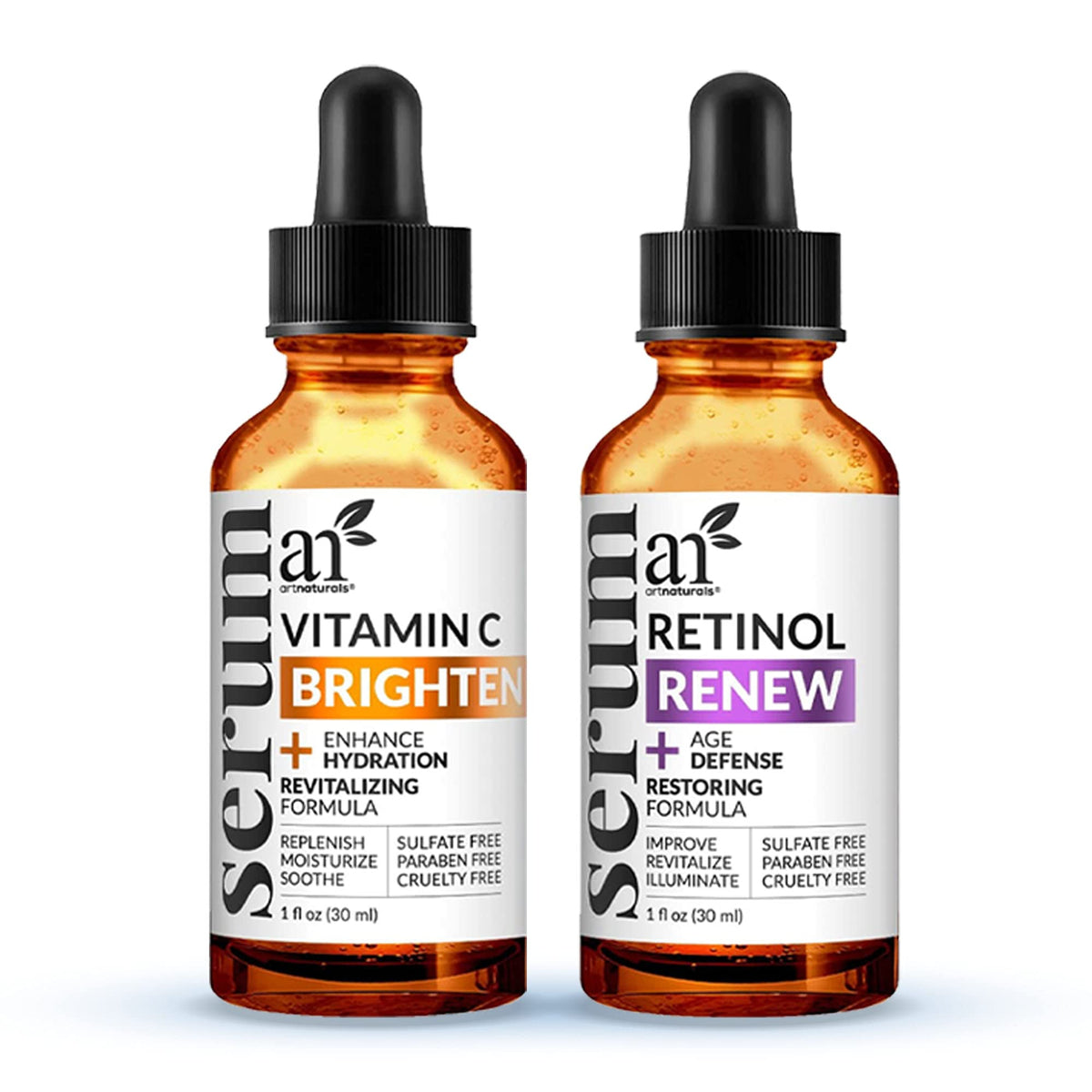 Artnaturals Vitamin C Serum Set bottles demonstrate hydration and a radiant complexion.