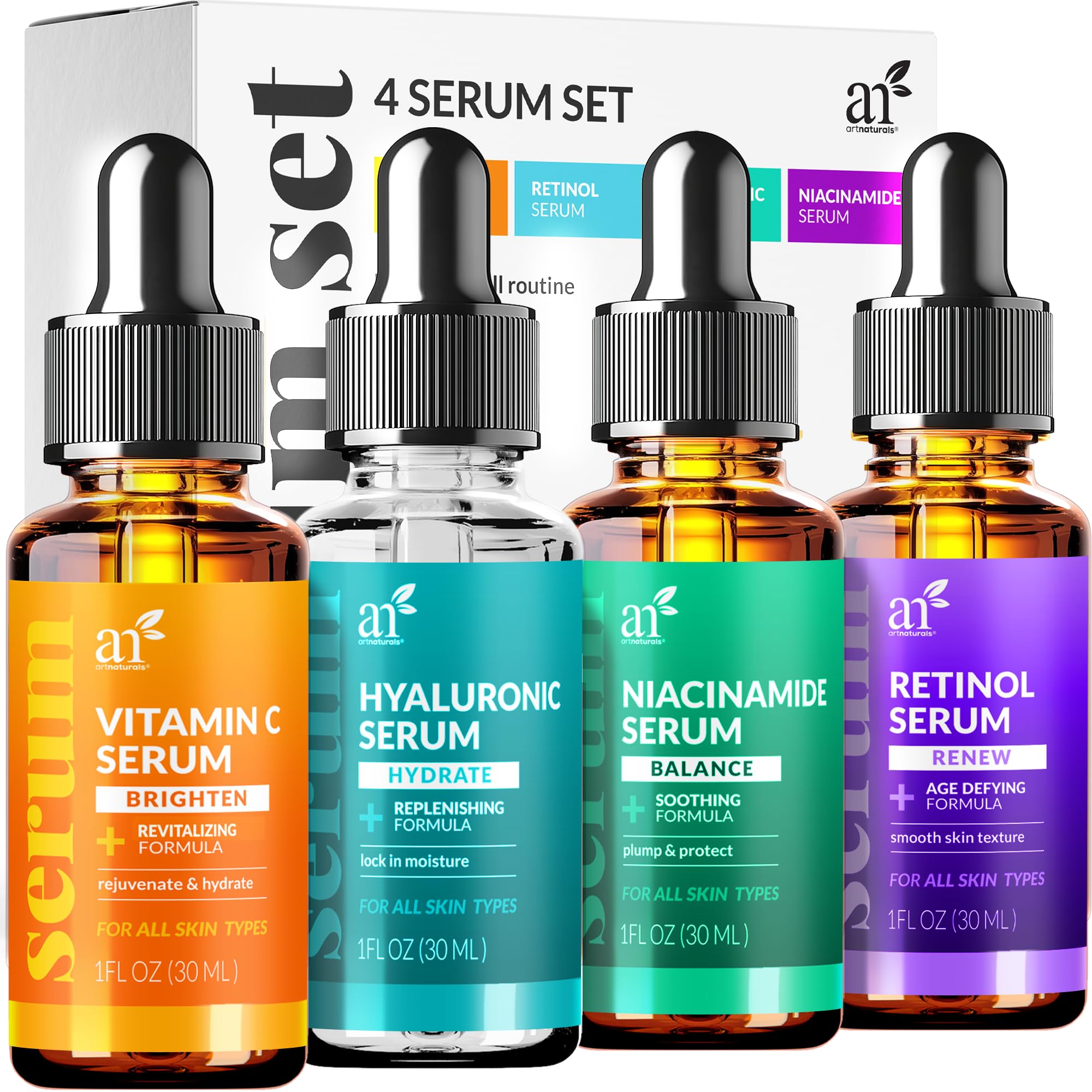 Artnaturals Vitamin C Serum Set close-up bottle highlighting brightening potential.