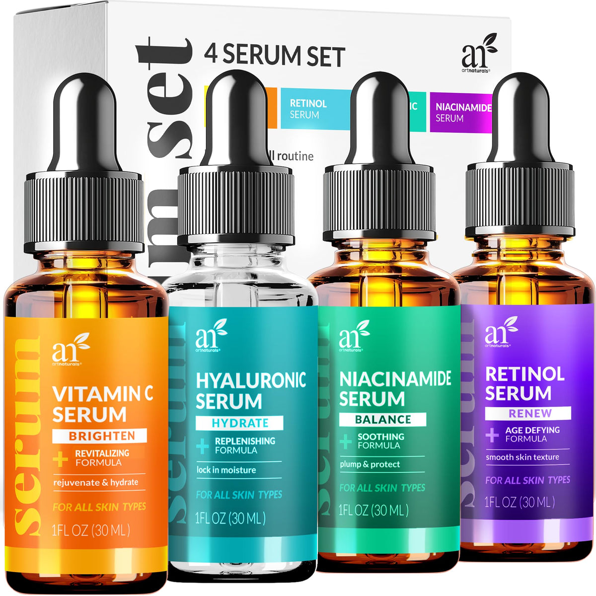 Artnaturals Vitamin C Serum Set close-up bottle highlighting brightening potential.