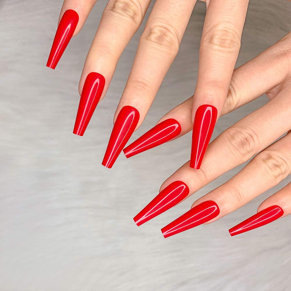 Artquee long coffin red nails offer a chic, glossy silhouette.