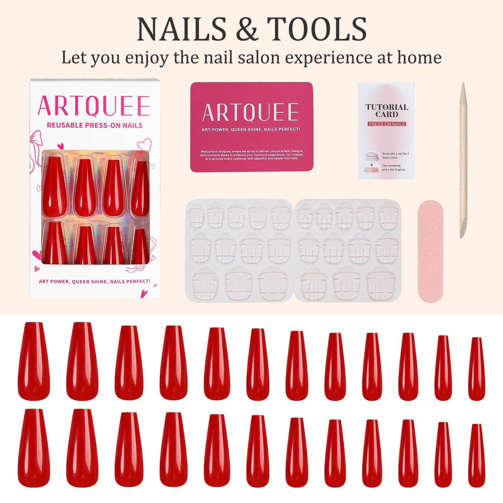 Artquee glossy red nails provide quick, salon-like results.