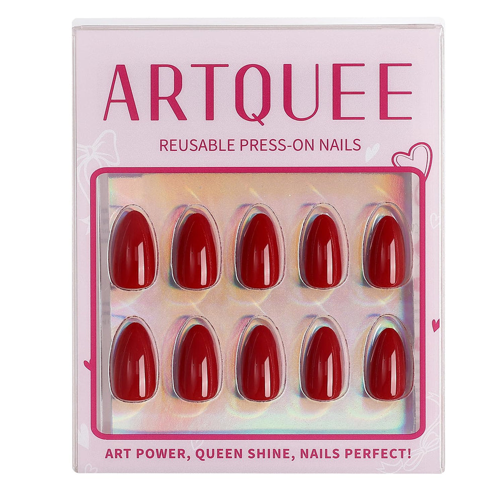 Artquee tutorial card guides easy DIY application of Red Almond nails