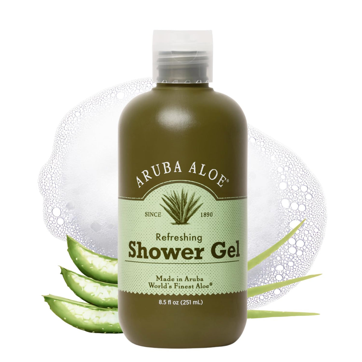 Aruba Aloe Refreshing Shower Gel bottle full view showing product on shelf for daily use