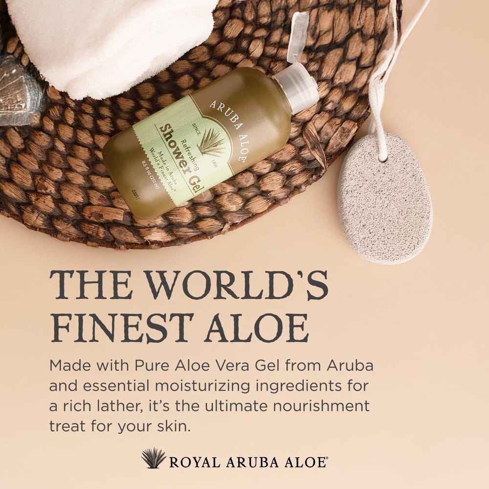 Aruba Aloe Refreshing Shower Gel bottle being poured for a silky cleanse